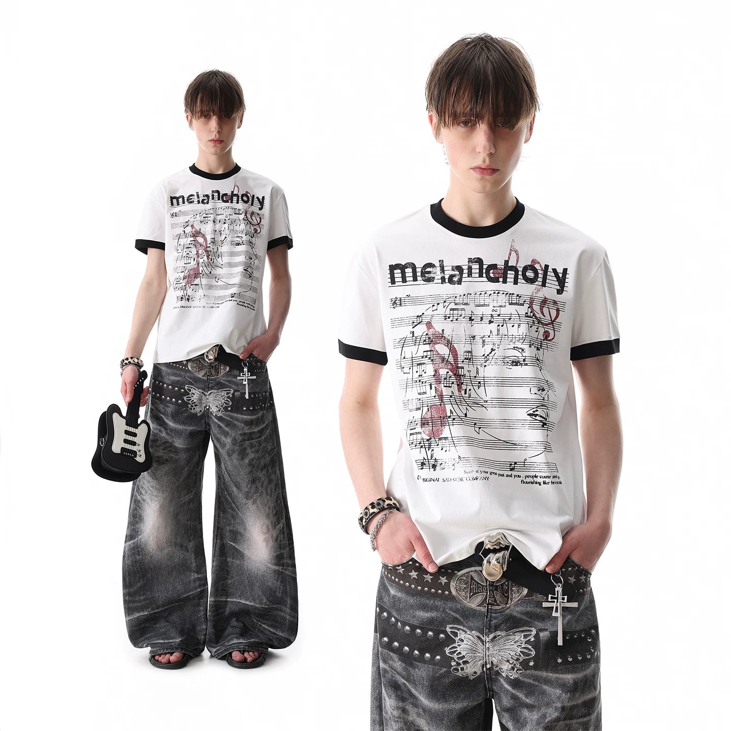 TREDN ST Original Street Note Score Printed Solona T-shirt Men's Summer Boxy Short Shoulder Short Sleeve
