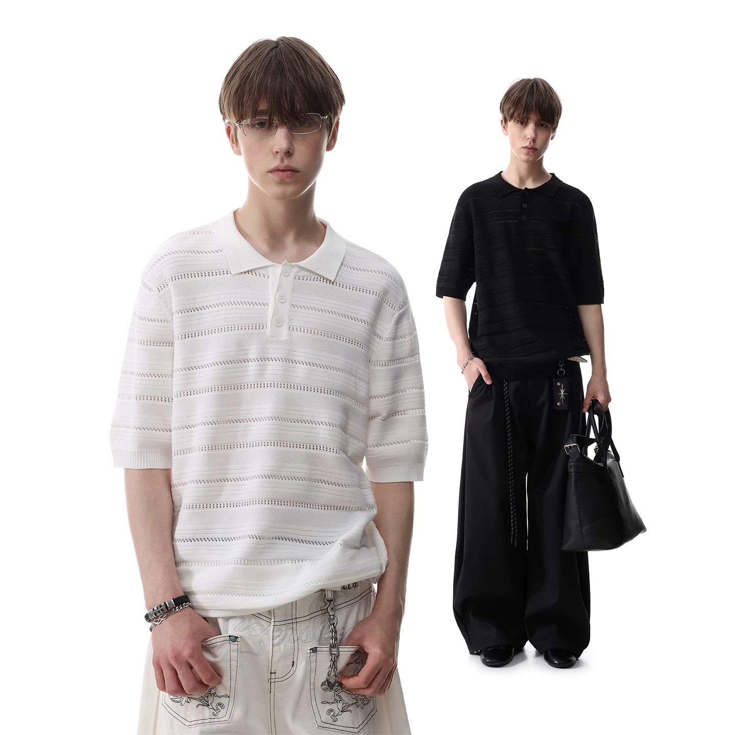 TREND ST old money style knitted short sleeved T-shirt for men's summer half sleeved polo shirt with hollowed out texture and a lapel top