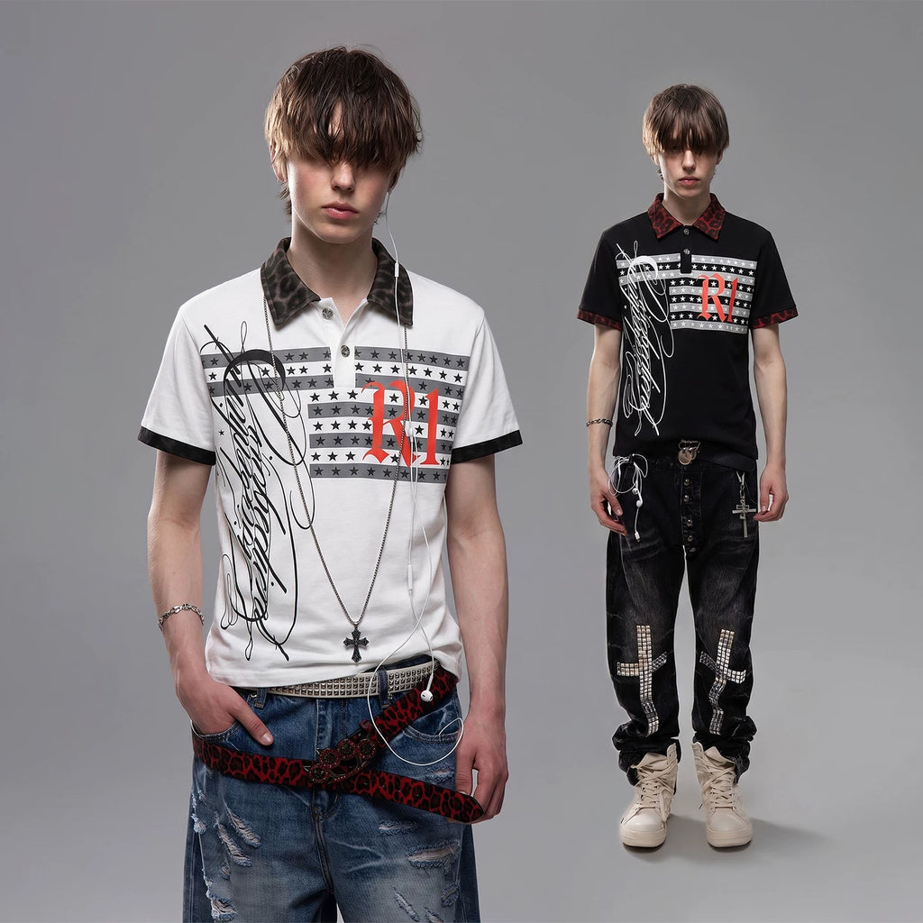 TREND ST Street Punk Printed Shoulder Short sleeved T-shirt for Men's Summer Leopard Pattern Splicing Boxy Short Polo Shirt