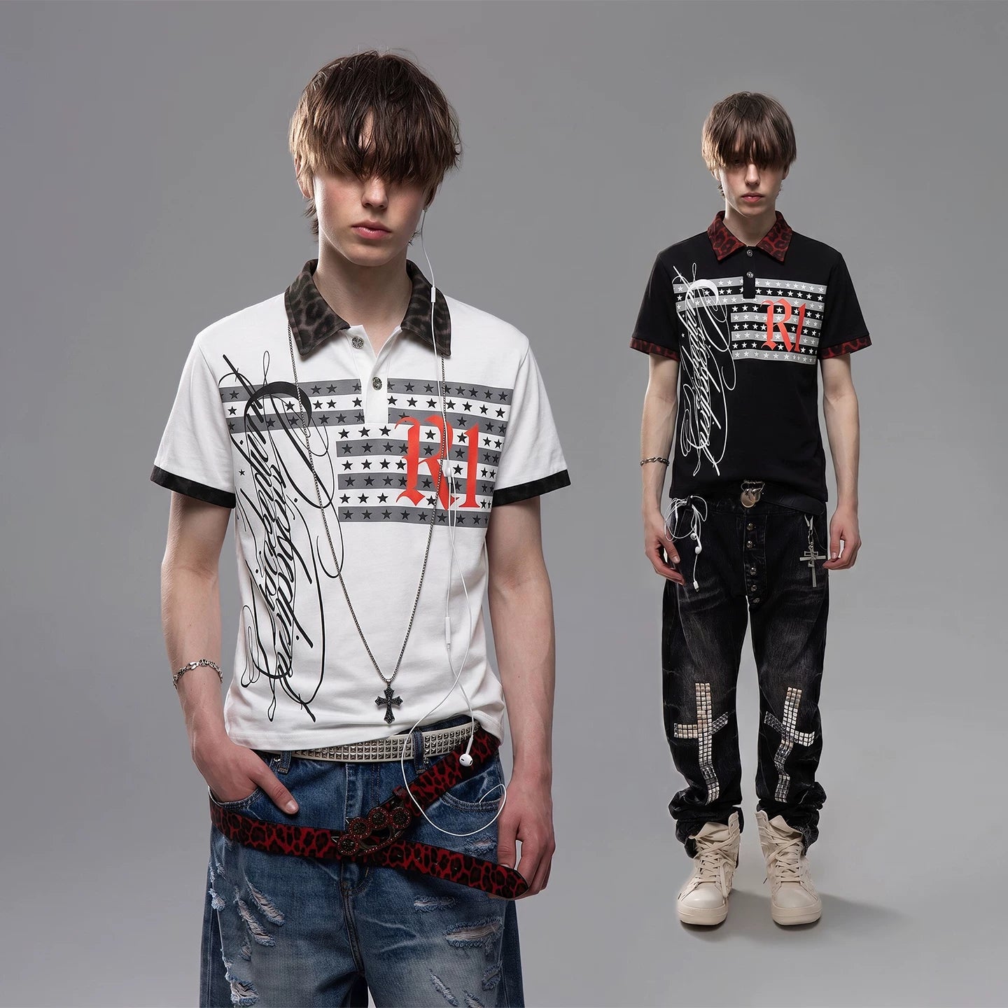 TREND ST Street Punk Printed Shoulder Short sleeved T-shirt for Men's Summer Leopard Pattern Splicing Boxy Short Polo Shirt