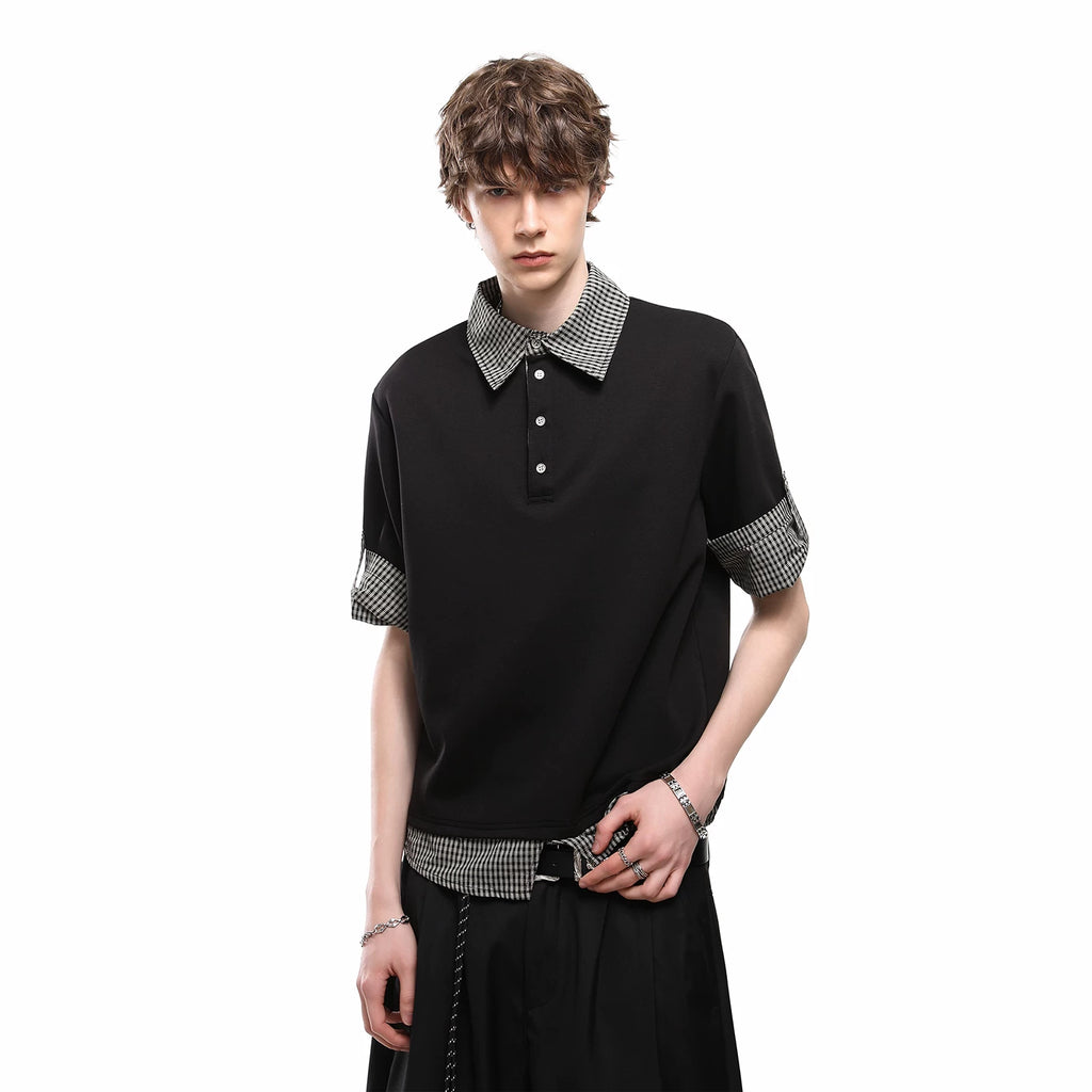 Miu style fake two piece polo shirt short sleeved couple summer patchwork design sense shoulder T-shirt loose five quarter sleeve