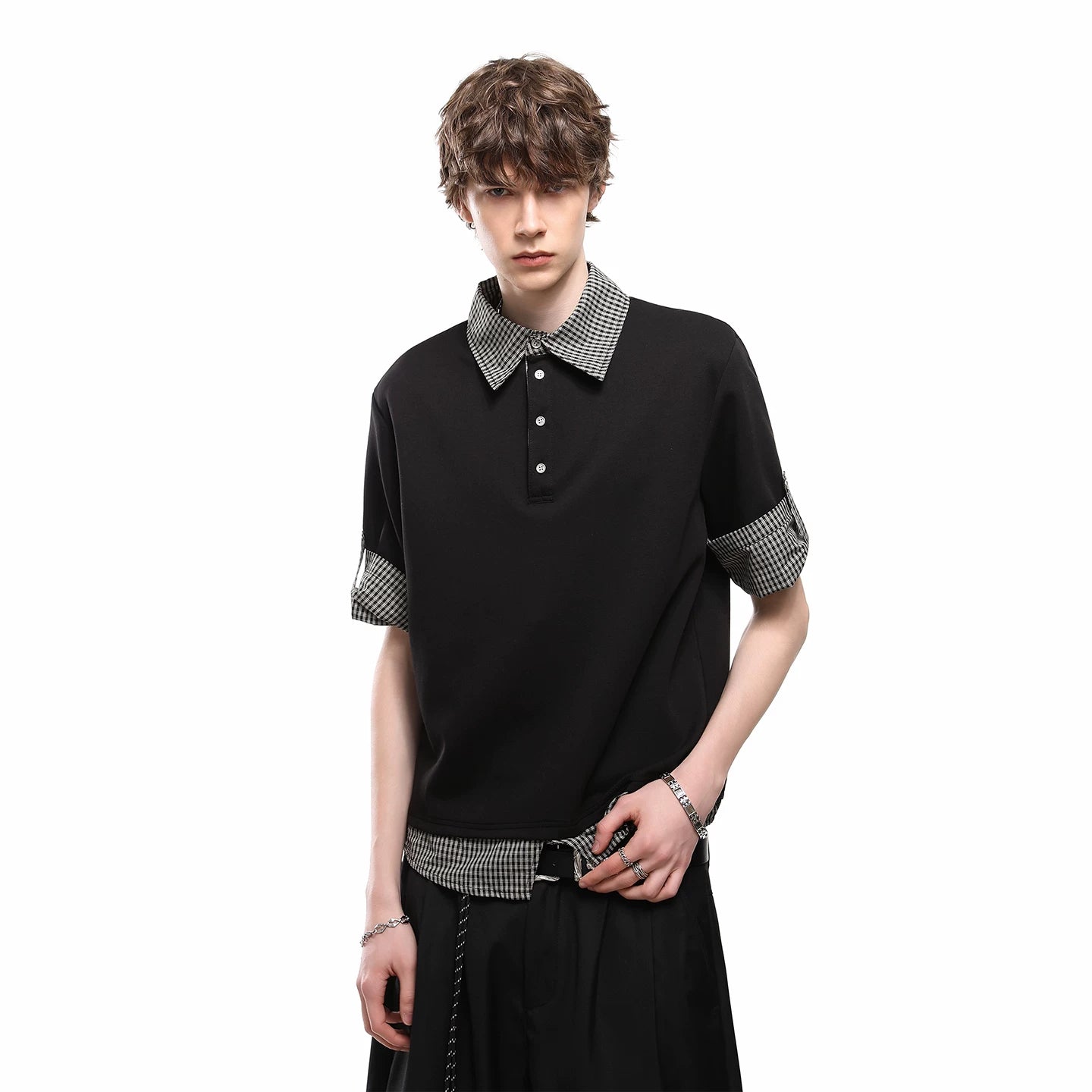 Miu style fake two piece polo shirt short sleeved couple summer patchwork design sense shoulder T-shirt loose five quarter sleeve