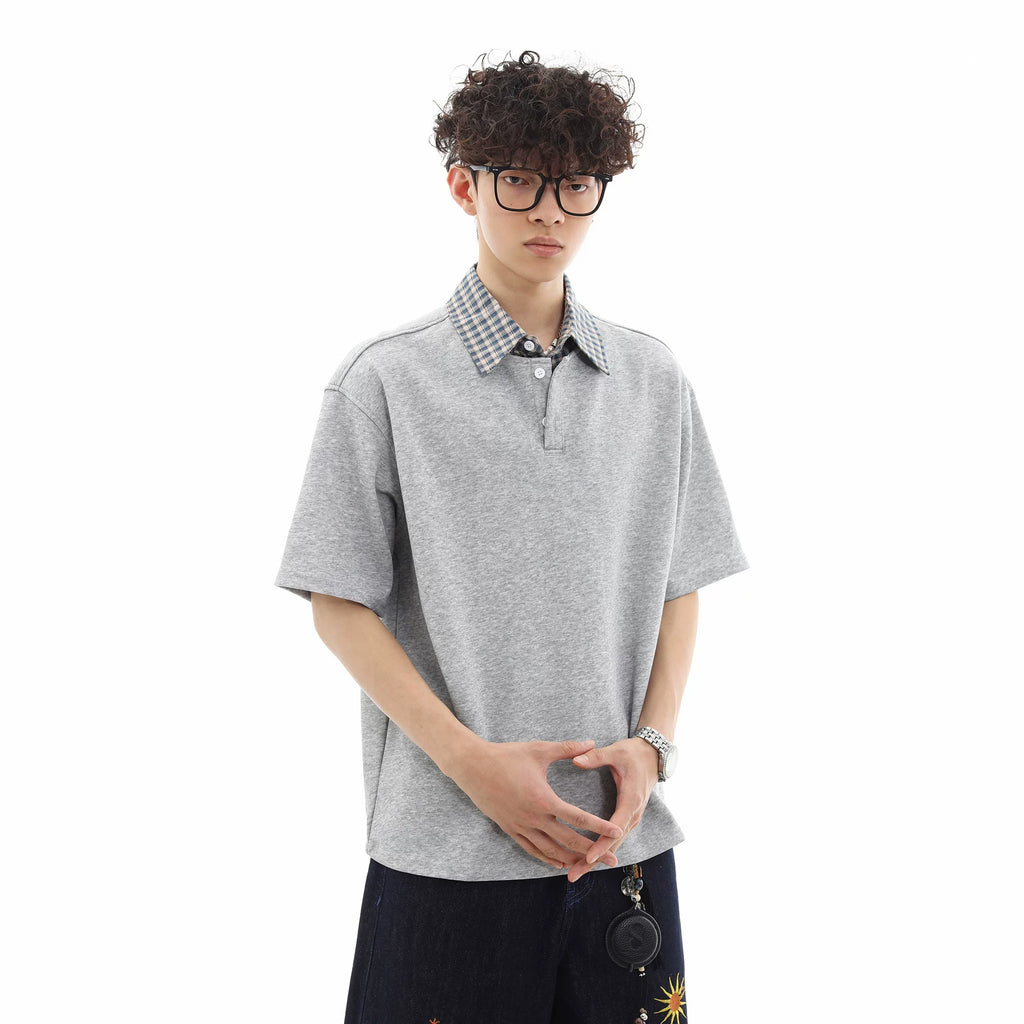 Trendy contrasting plaid patchwork polo shirt short sleeved men's summer loose and versatile fake two-piece half sleeved couple T-shirt