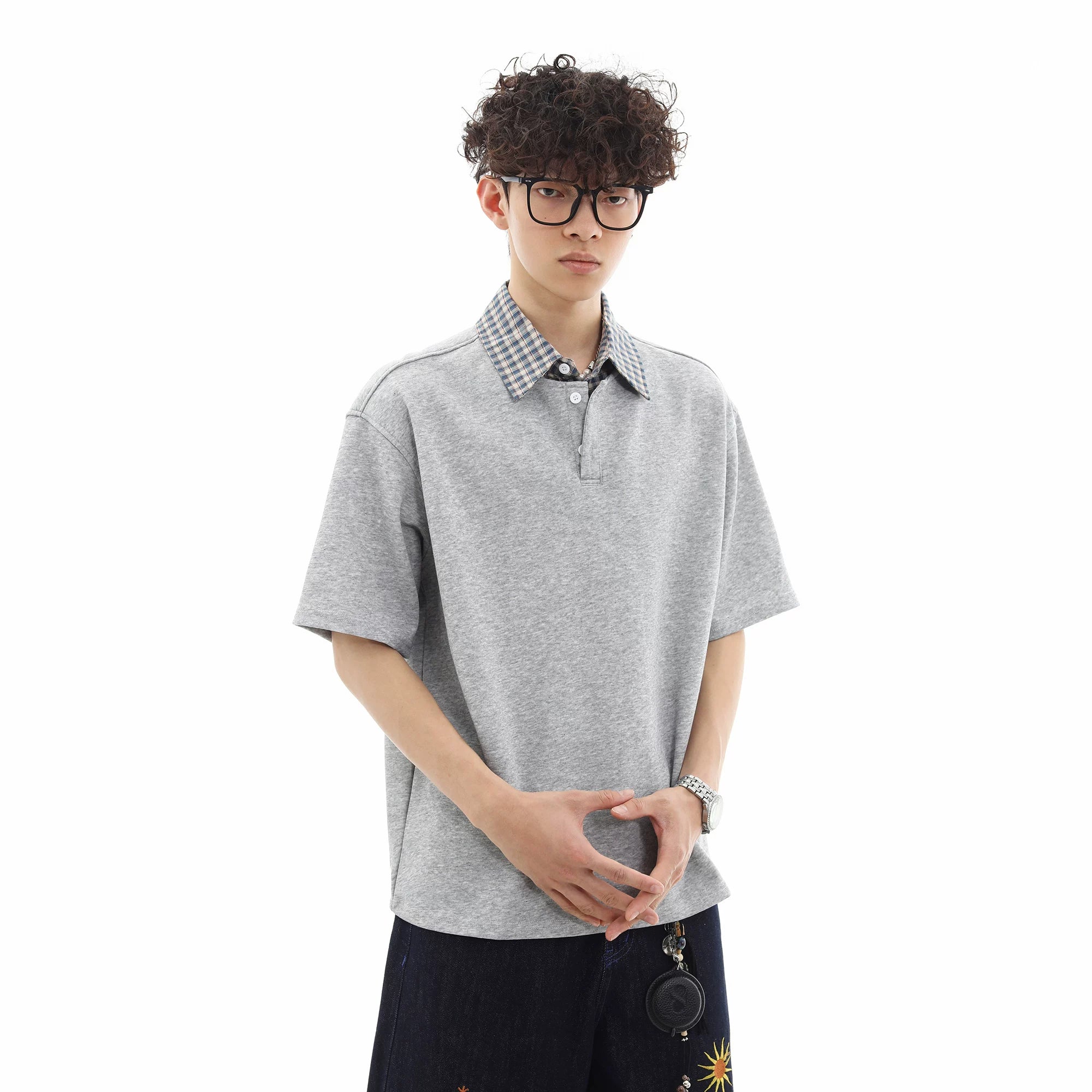 Trendy contrasting plaid patchwork polo shirt short sleeved men's summer loose and versatile fake two-piece half sleeved couple T-shirt