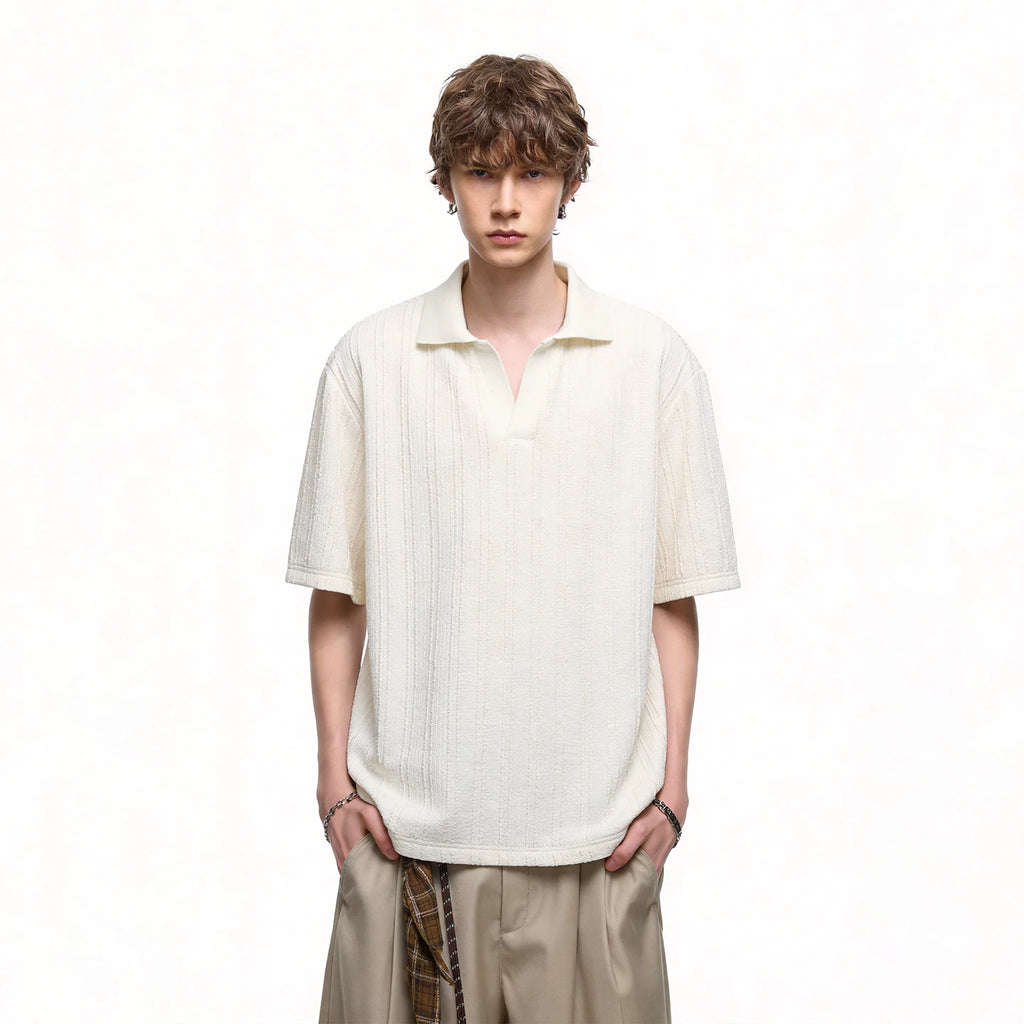 TREND ST Summer Texture Short Sleeve Polo Shirt for Men and Women Retro Loose Couple Casual Collar T-shirt Top
