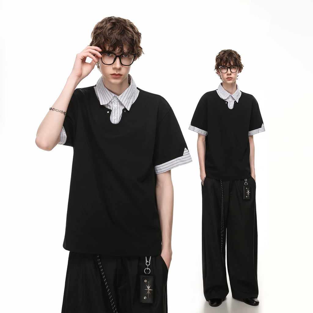Fake two striped contrasting polo shirts short sleeved men's and women's 2026 summer cleanfit loose casual collar T-shirt