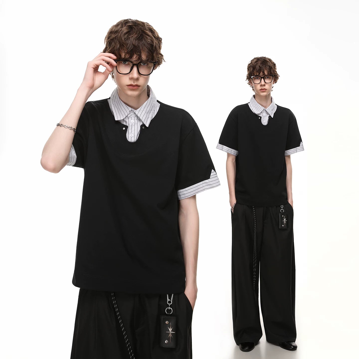 Fake two striped contrasting polo shirts short sleeved men's and women's 2026 summer cleanfit loose casual collar T-shirt