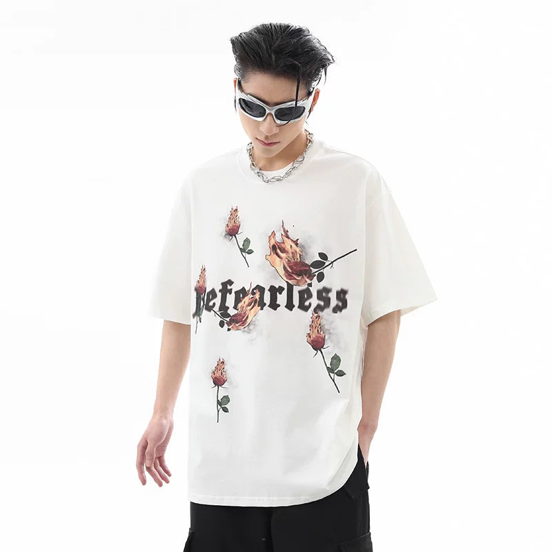 American street flame rose print short sleeved T-shirt for men's summer fashion trend, loose half sleeved couple T-shirt