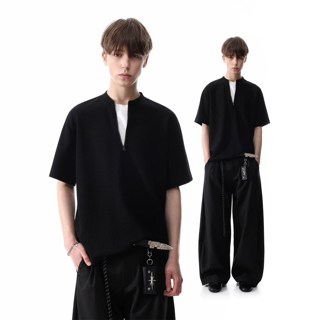 TREND ST Summer Vacation Two Piece Splicing Half Zipper Short Sleeve T-shirt for Men's American Casual Simple Waffle Top
