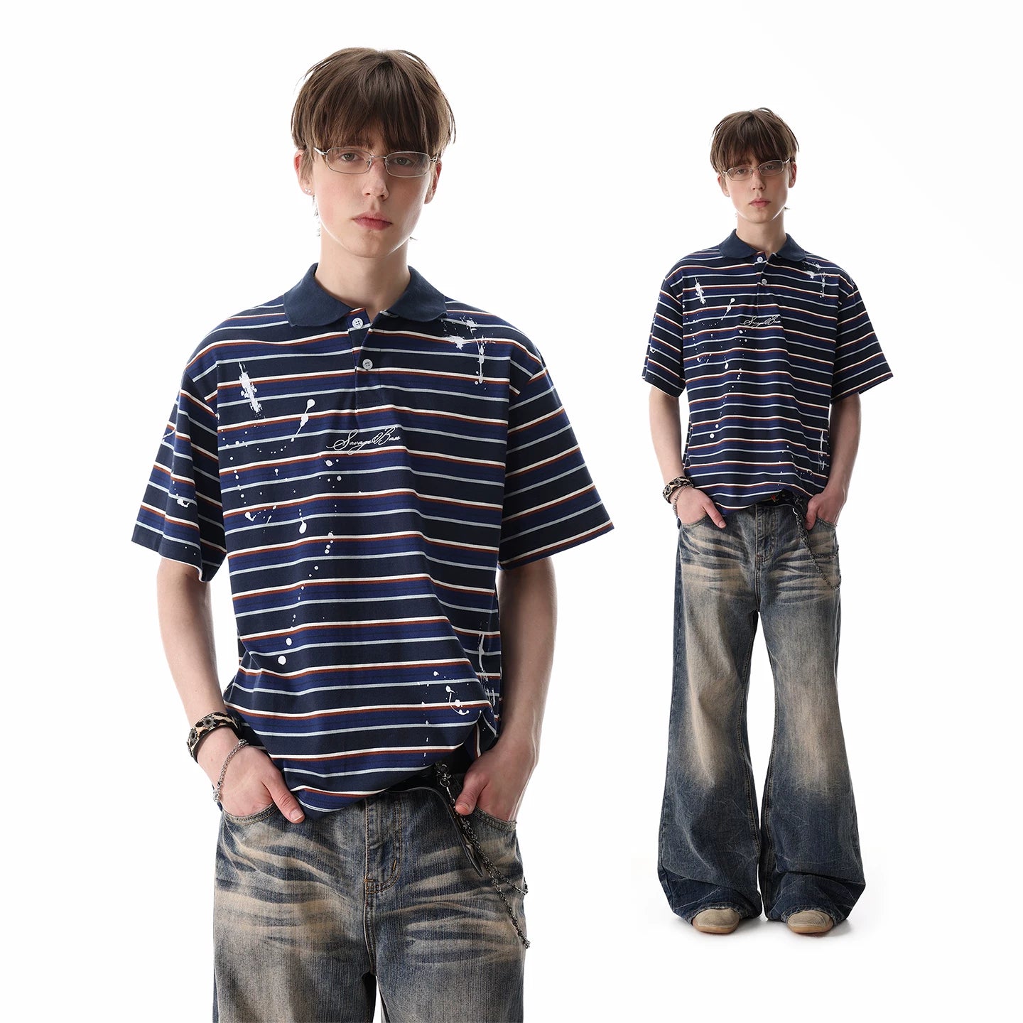 TREND ST American retro contrasting horizontal striped polo shirt short sleeved men's summer splashed ink embroidered loose T-shirt