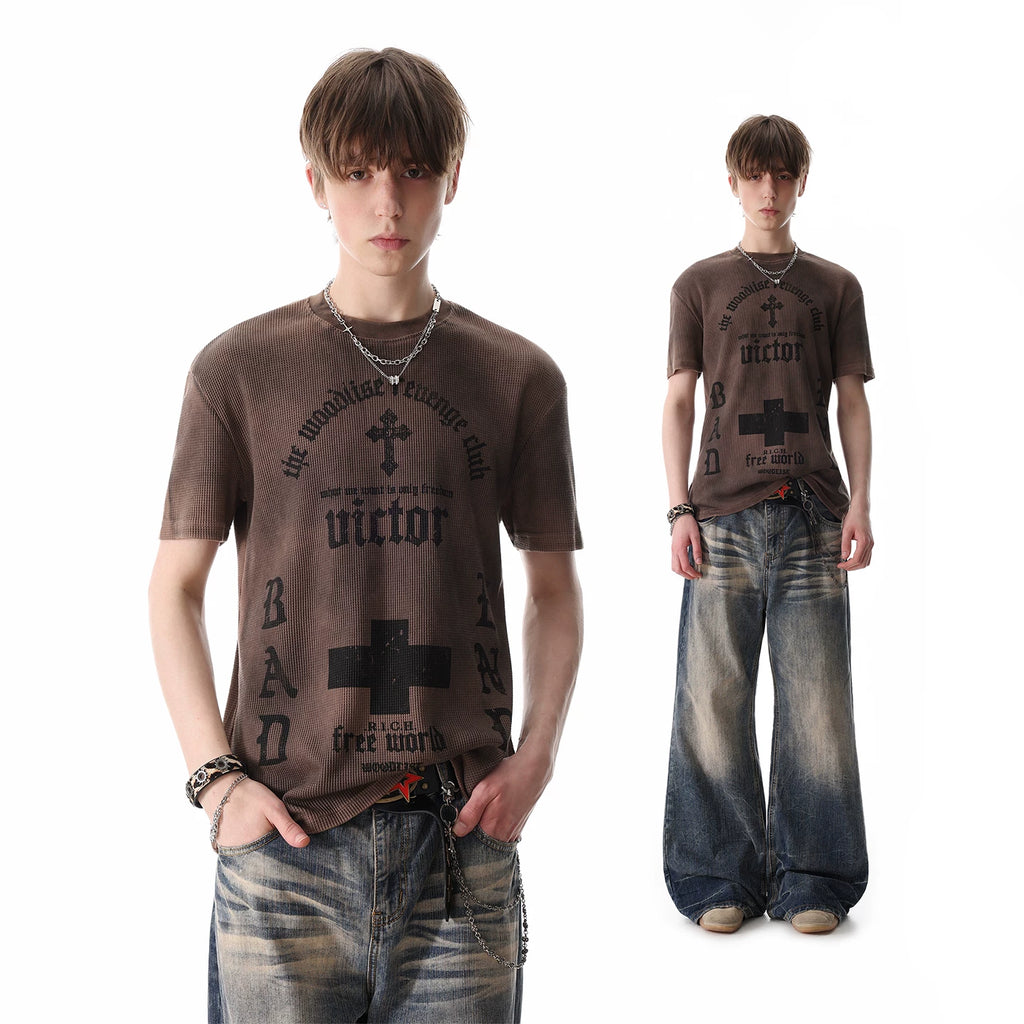 TRENDST street punk light Asian style vintage front shoulder short sleeved T-shirt for men's summer gothic printed waffle top