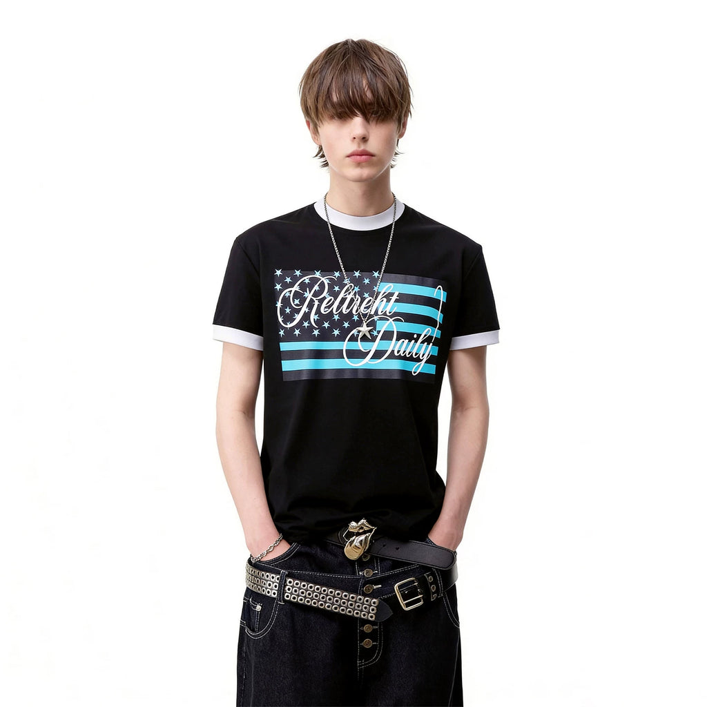 TREND ST American Retro Star Flag Printed Short Sleeve T-shirt Men's and Women's Contrast Round Neck Boxy Short Width Top
