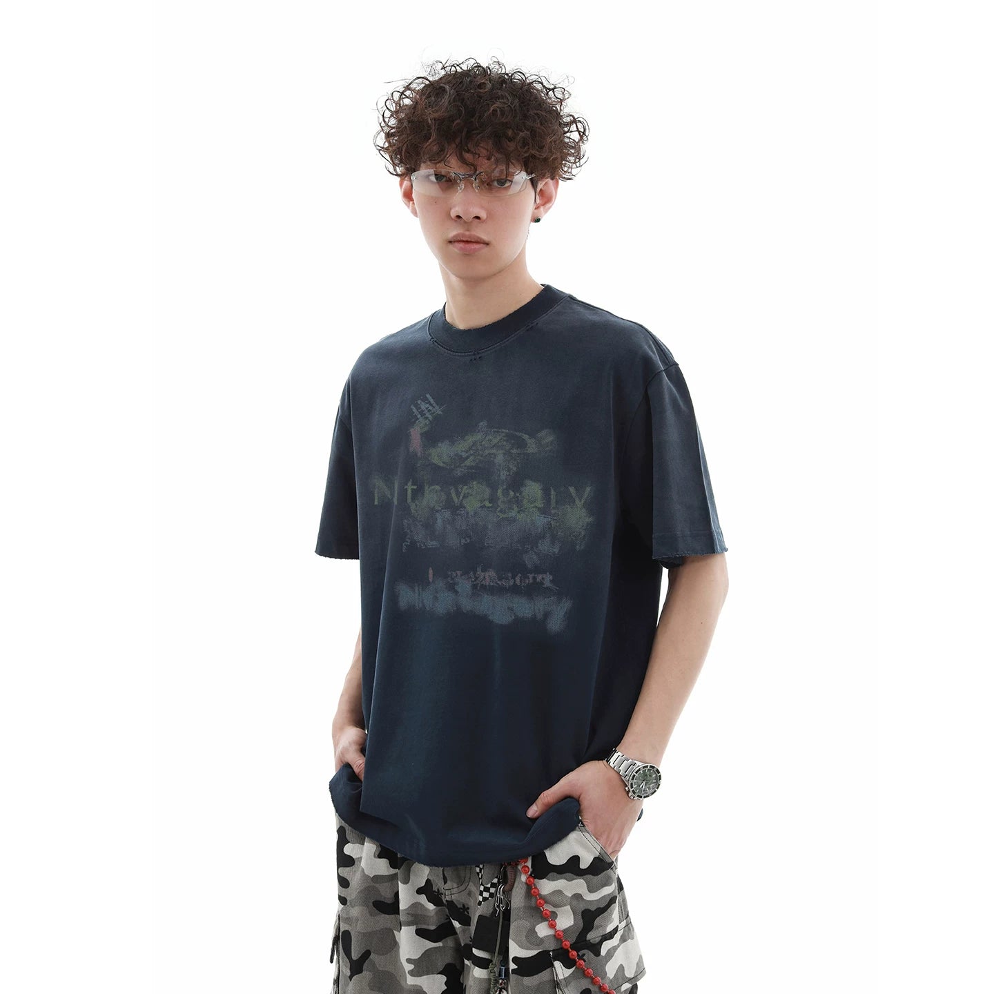 300g heavy-duty wash water gradient small neckline short sleeved T-shirt for men's summer trendy brand, stiff and loose, pure cotton half sleeved T-shirt