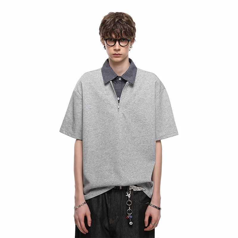 TREND ST American retro fake two-piece shirt collar short sleeved T-shirt men's summer checkered splicing loose polo shirt