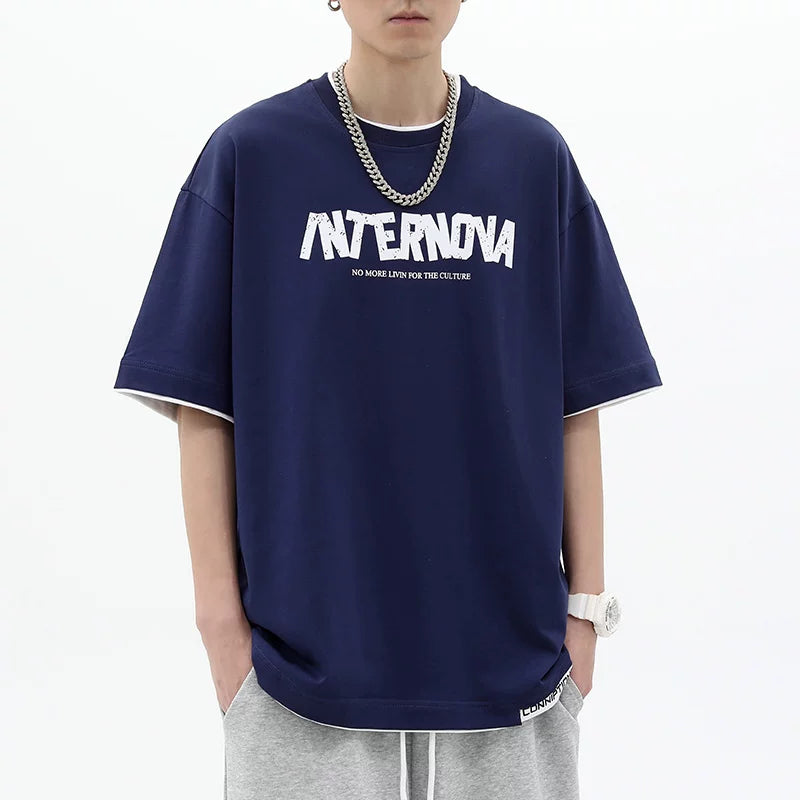 American high street splicing fake two piece short sleeved T-shirt men's summer trendy brand print loose couple layered half sleeved top
