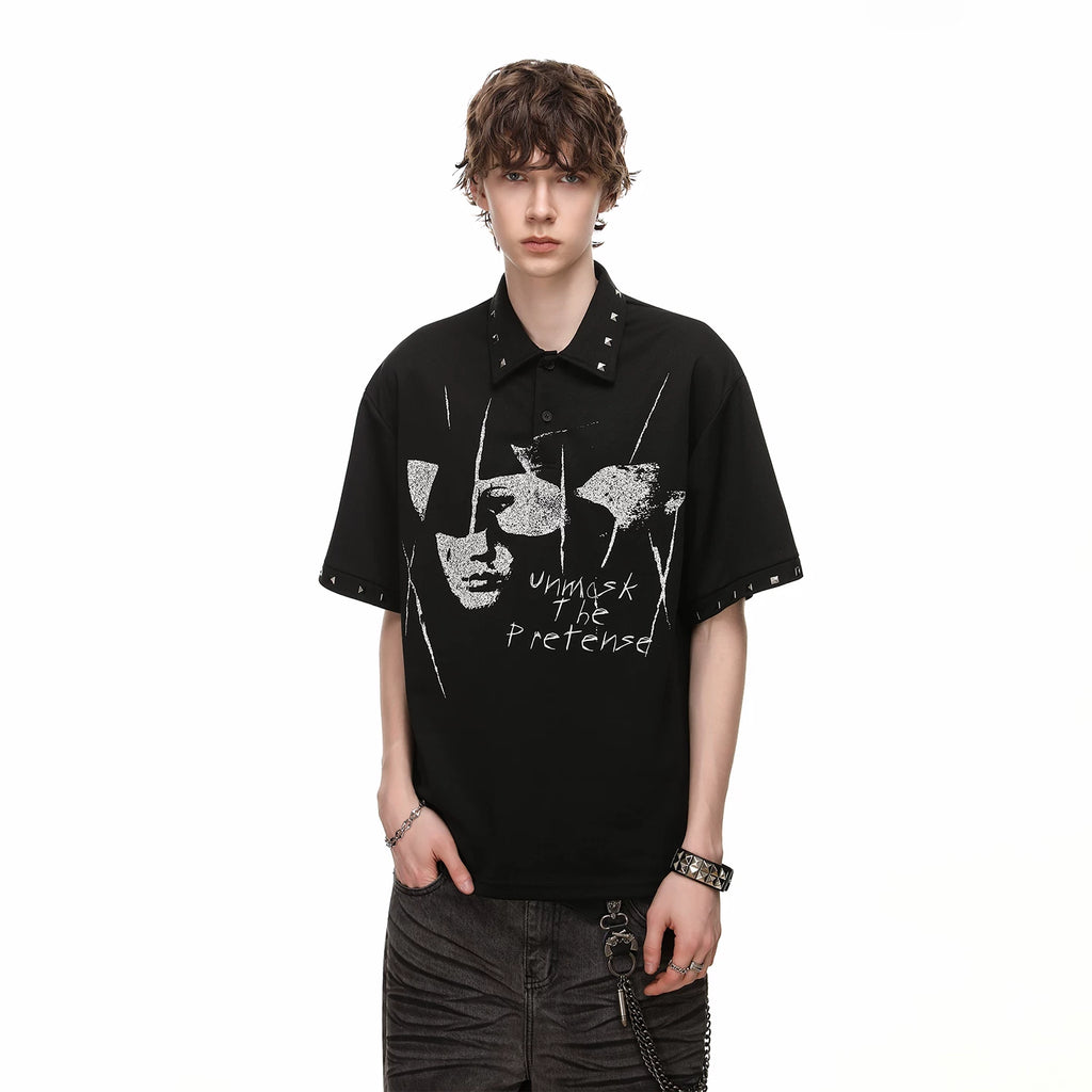 Original Design Light Asian Punk Character Printed Polo Shirt Short Sleeve Men's Summer Retro Loose Rivet Collar T-shirt
