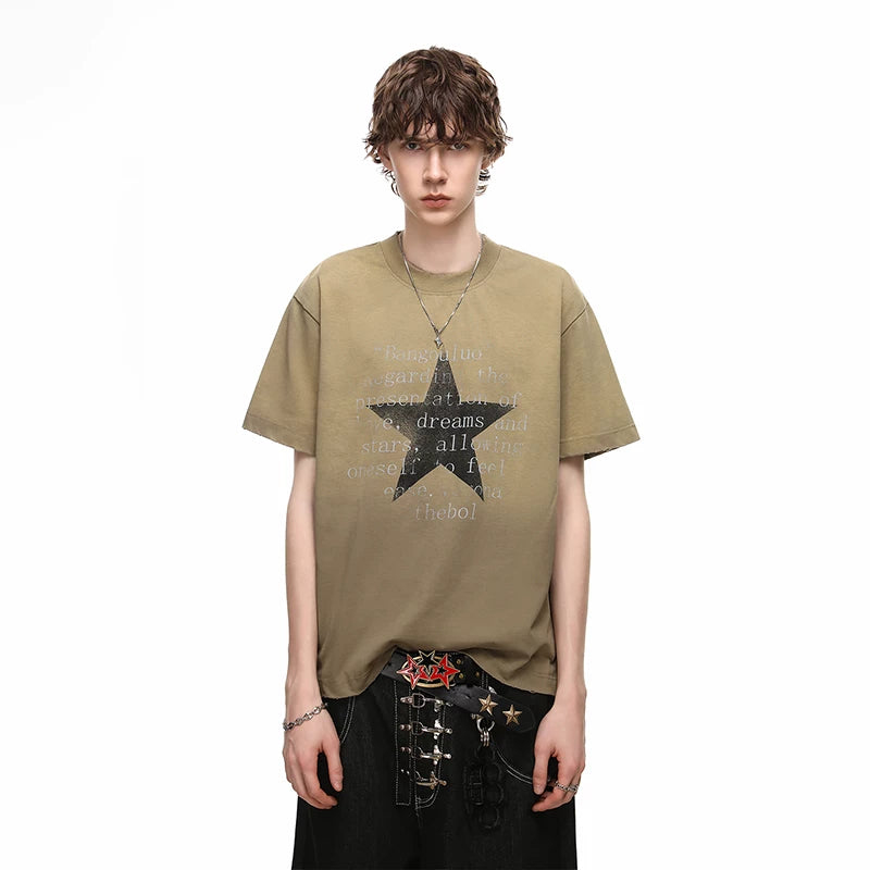 Trendy block American retro vintage vintage gradient short sleeved T-shirt for men's summer loose star print 350g heavyweight half sleeve