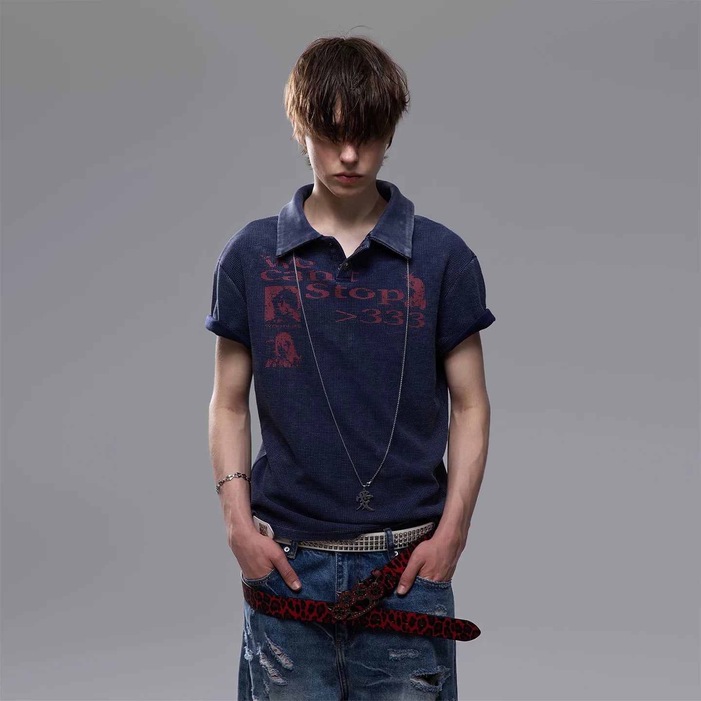 TREND ST Street Punk Retro Washed Vintage Printed Short Sleeve Polo Shirt for Men Summer Boxy Shoulder T-shirt