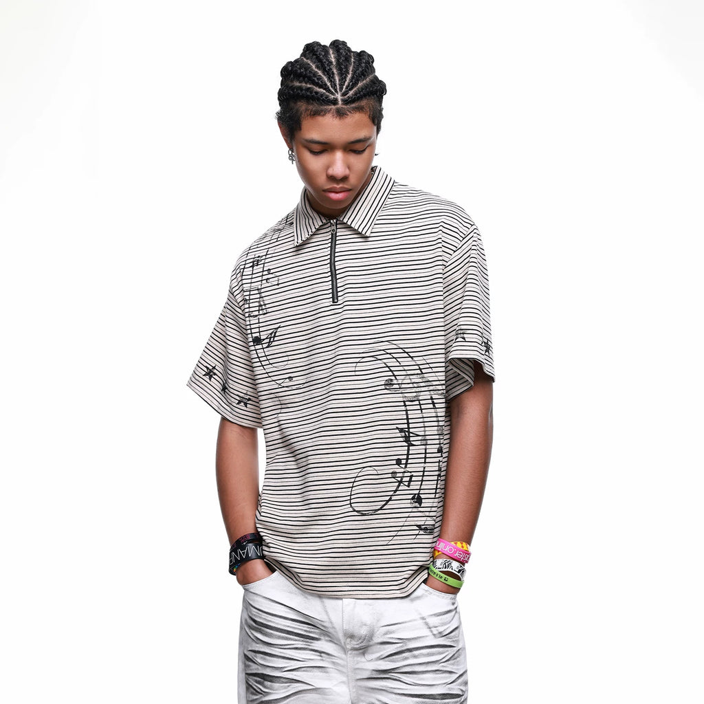 Original Trendy Brand Music Note Star Printed Half Zipper Polo Shirt for Men's Summer Retro Loose Striped Short sleeved T-shirt