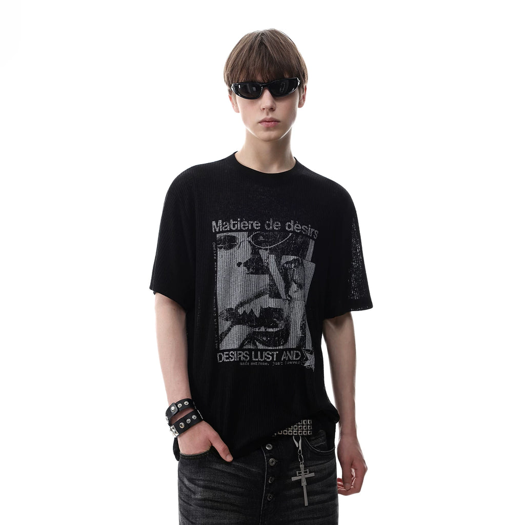 American retro texture figure print short sleeved T-shirt for men's summer round neck breathable semi transparent knitted top trendy