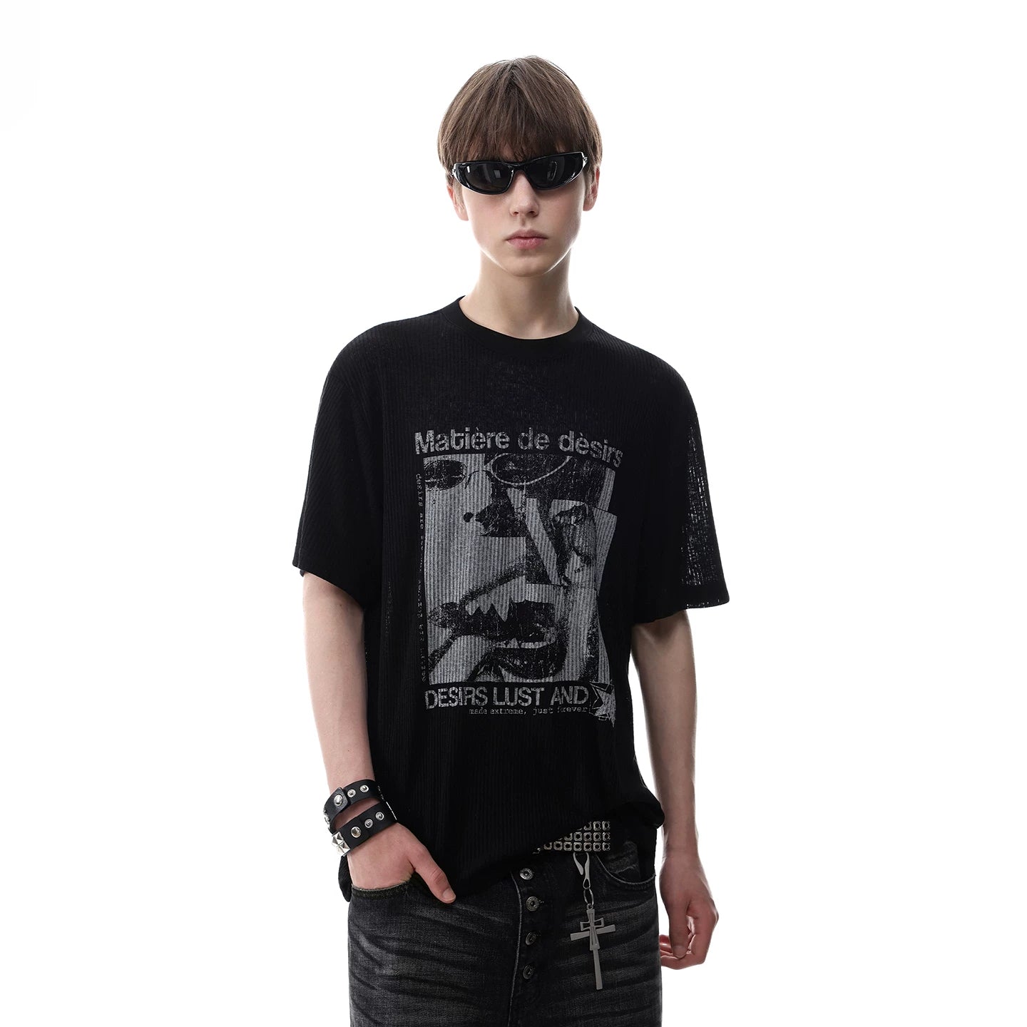 American retro texture figure print short sleeved T-shirt for men's summer round neck breathable semi transparent knitted top trendy