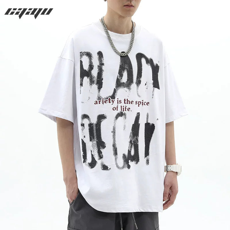 Trendy Block Trendy Brand American Graffiti Letter Short Sleeve T-shirt Men's Loose High Street Design Sense Summer Half Sleeve Couple Ins