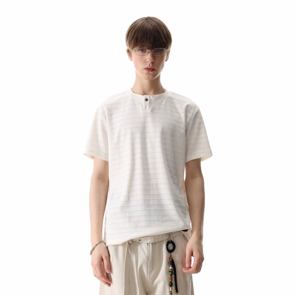 TREND ST cleanfit texture striped short sleeved T-shirt for men's summer light luxury vintage style Henry collar top