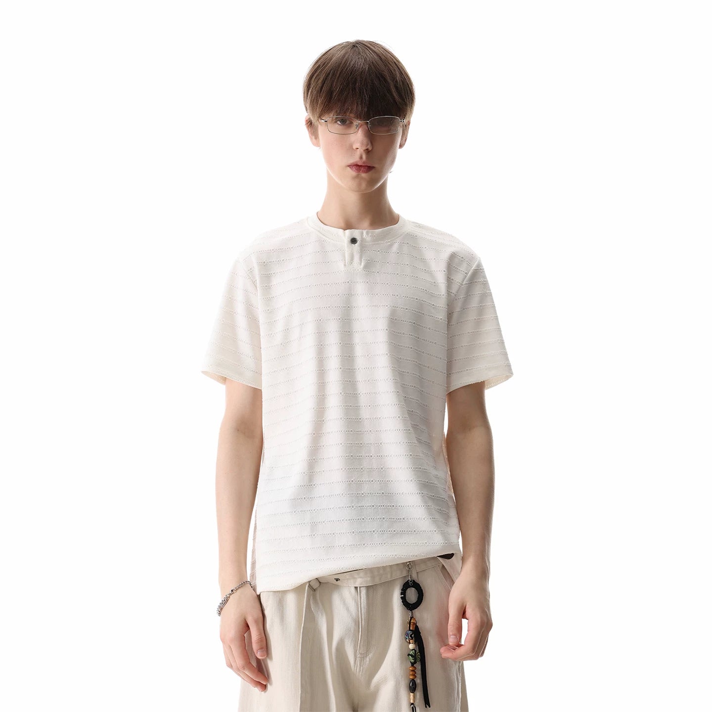 TREND ST cleanfit texture striped short sleeved T-shirt for men's summer light luxury vintage style Henry collar top