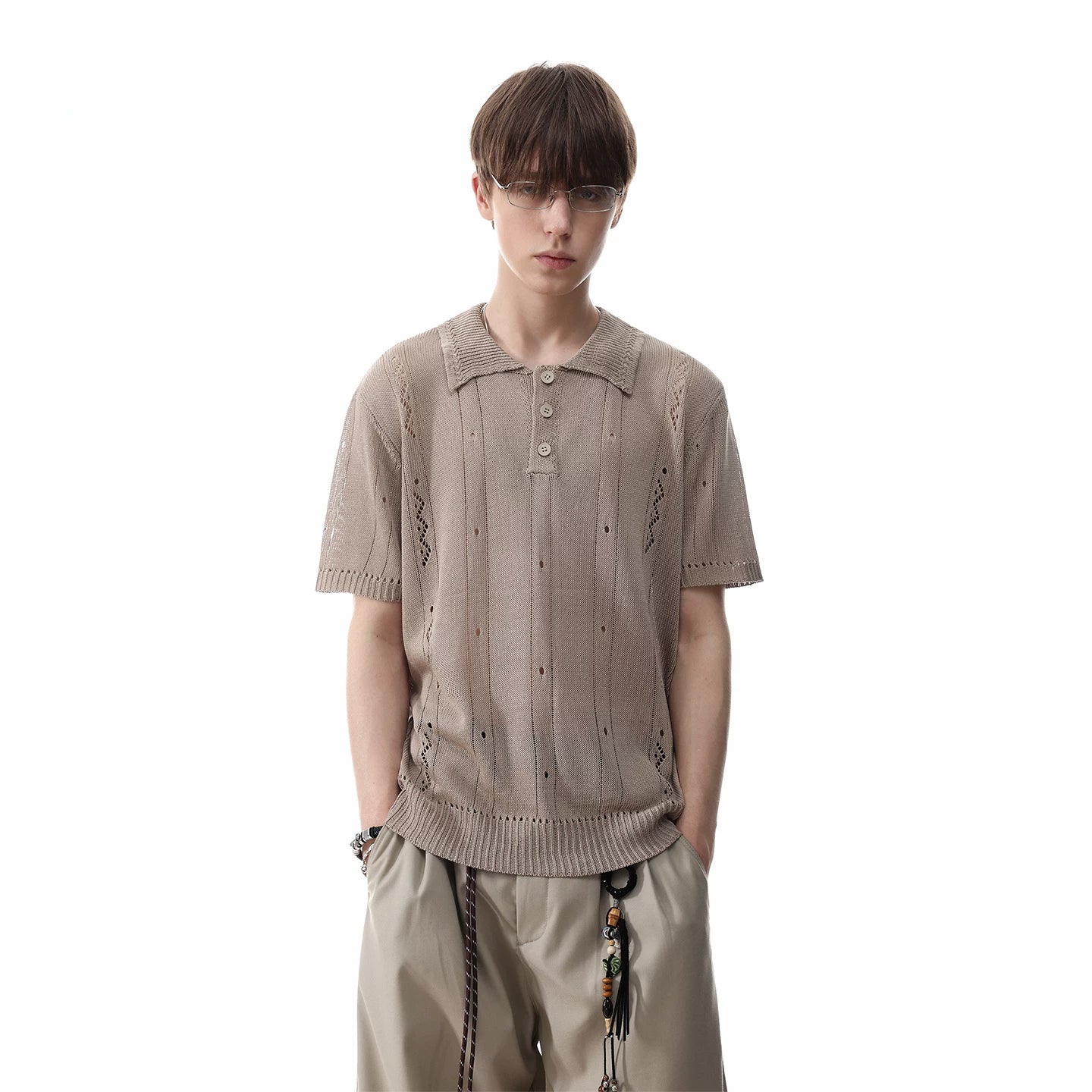 TREND ST old money style clean fit short knitted polo shirt men's summer hollow breathable short sleeved T-shirt