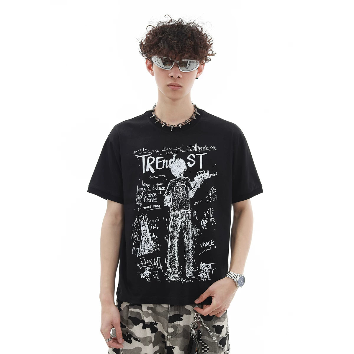 TREND ST War Short Sleeve Loose Short Width Boxy Edition Direct Spray Printed Summer Cool Breathable Micro Transparent T-shirt
