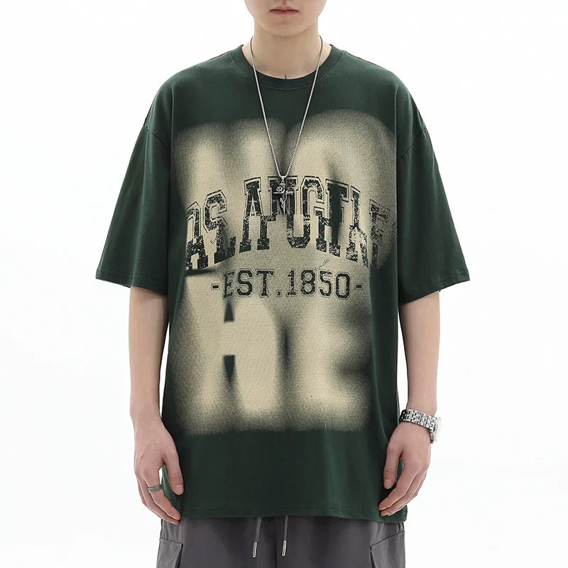 Trendy block American retro letter printed short sleeved T-shirt, loose and versatile pure cotton top, youthful and trendy style
