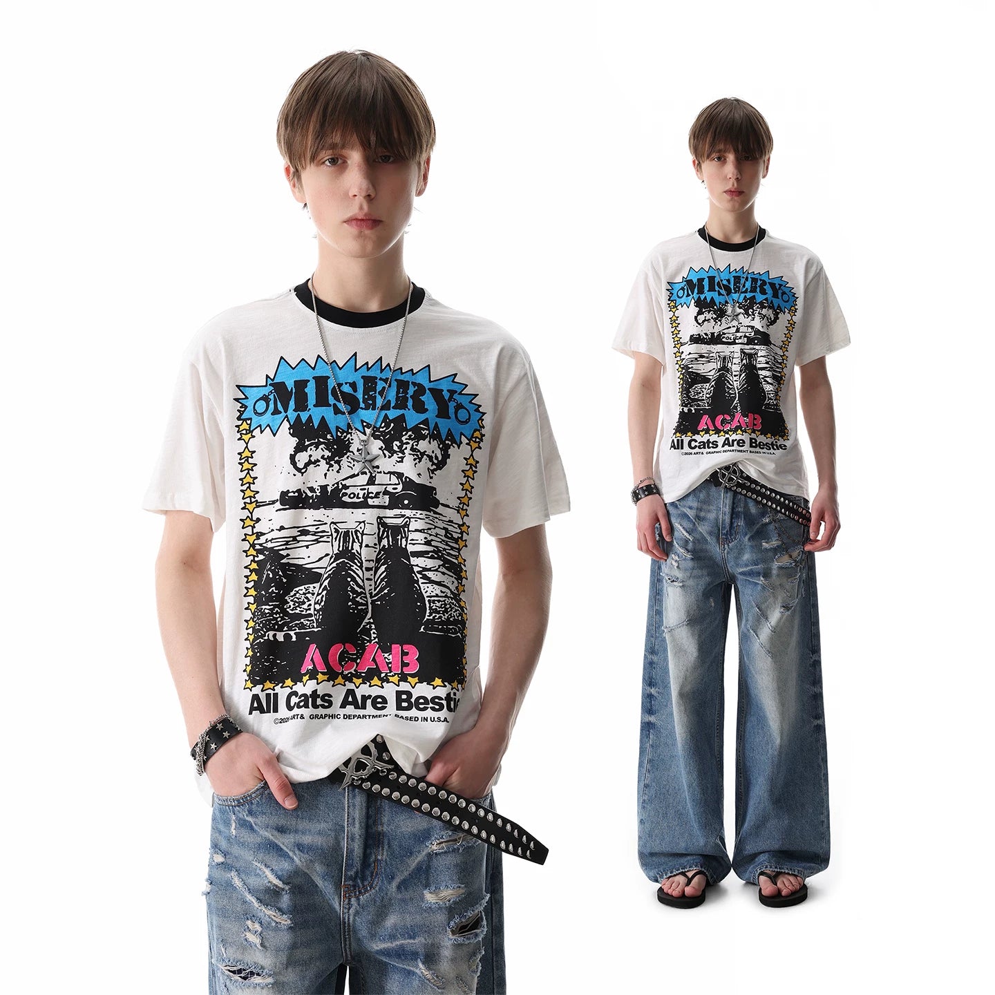Thin and Cool TREND ST Street Punk Printed Shoulder Short sleeved T-shirt for Men and Women Summer Boxy T-shirt
