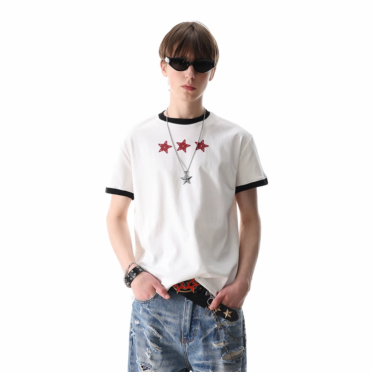 TREND ST American Street Letter Printed Short sleeved T-shirt Men's and Women's Contrast Round Neck Light Asian Boxy Shoulder Top