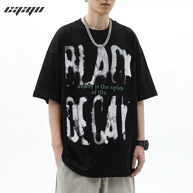 Trendy Block Trendy Brand American Graffiti Letter Short Sleeve T-shirt Men's Loose High Street Design Sense Summer Half Sleeve Couple Ins