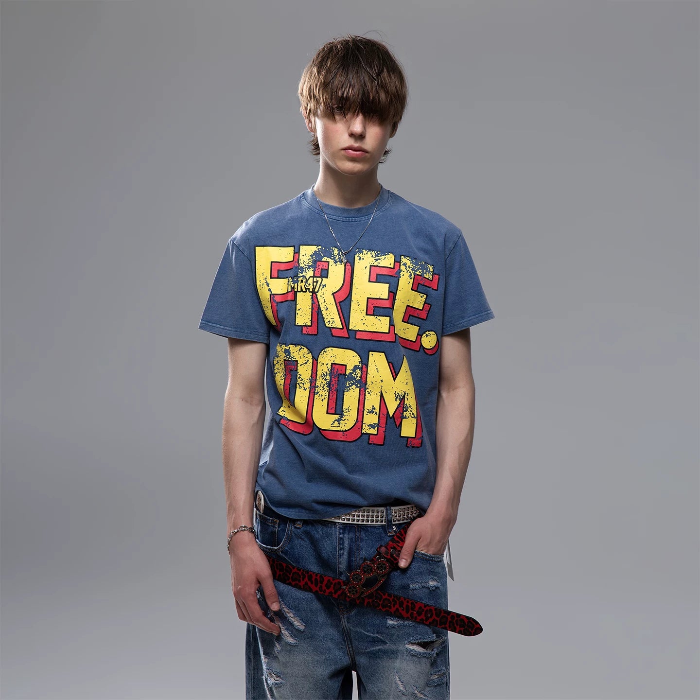 TREND ST Street Trendy Brand Visual Series Washed and Used Short sleeved T-shirt for Men's Summer Front Shoulder Printed Pure Cotton T-shirt