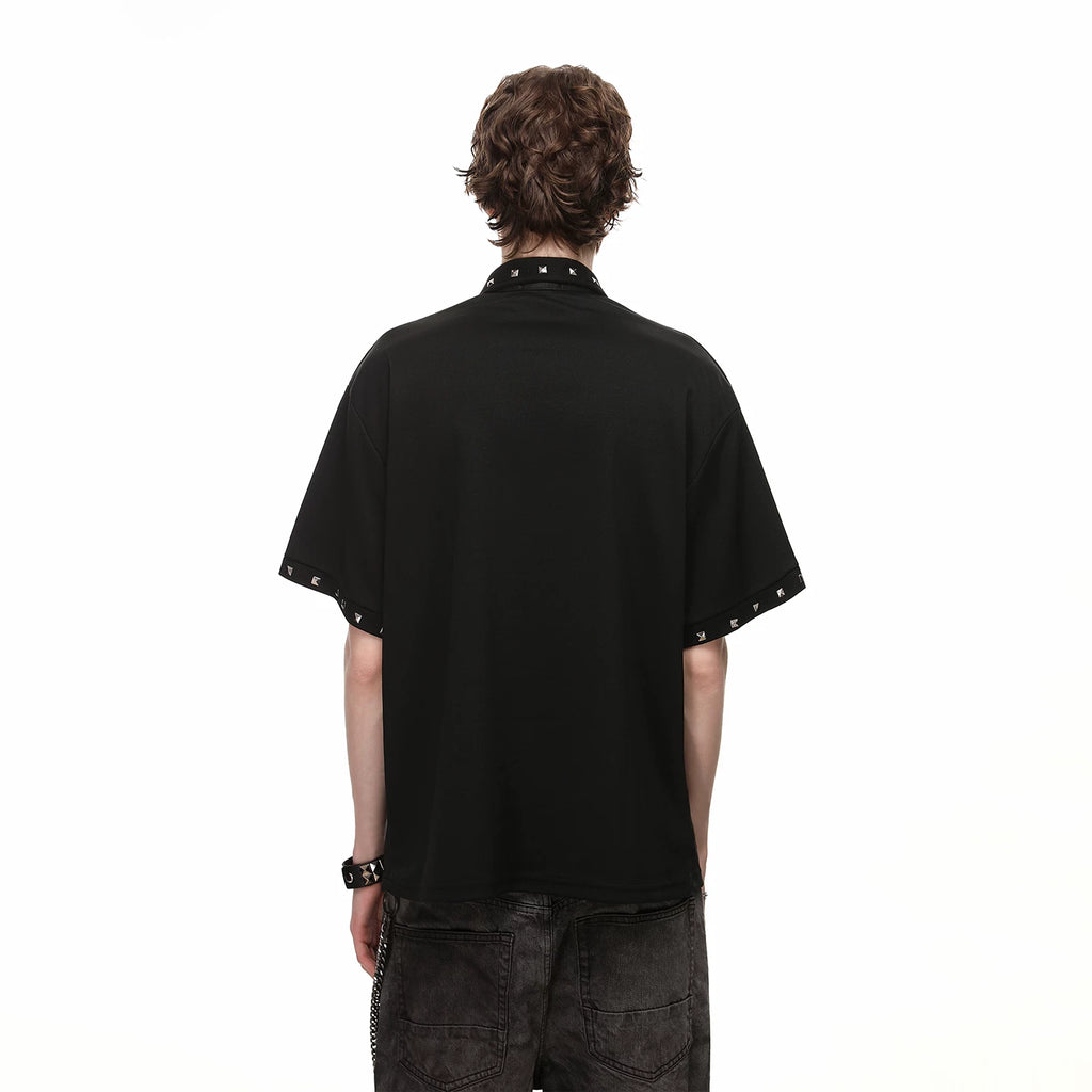 Original Design Light Asian Punk Character Printed Polo Shirt Short Sleeve Men's Summer Retro Loose Rivet Collar T-shirt