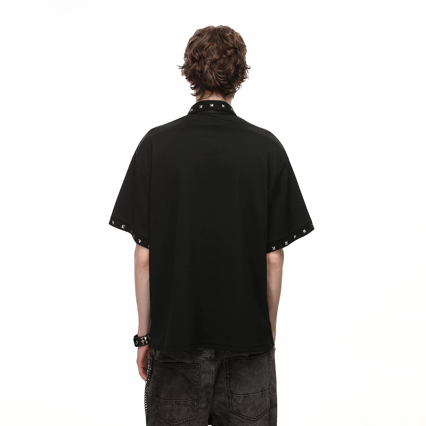 Original Design Light Asian Punk Character Printed Polo Shirt Short Sleeve Men's Summer Retro Loose Rivet Collar T-shirt