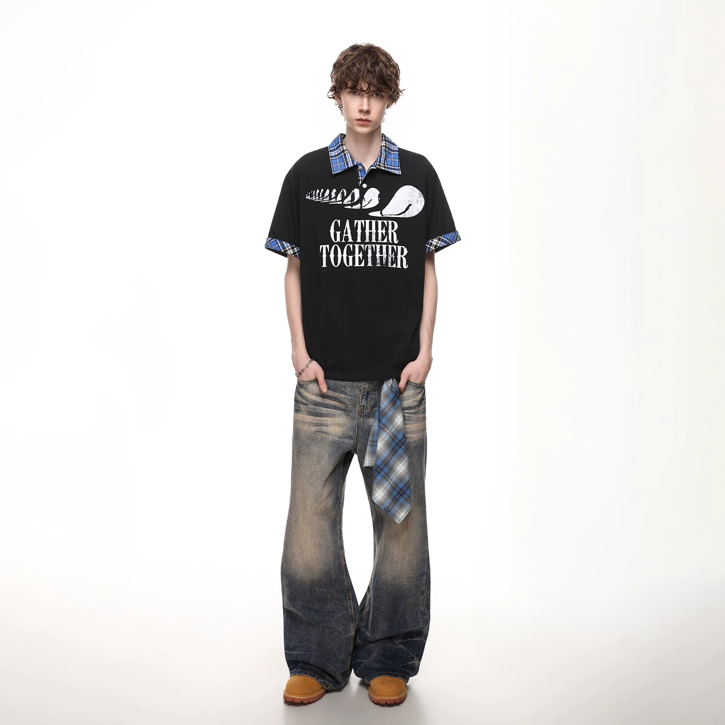Trendy Street American Retro Checkered Collar T-shirt Men's Summer Loose Design Printed Polo Shirt Short Sleeve