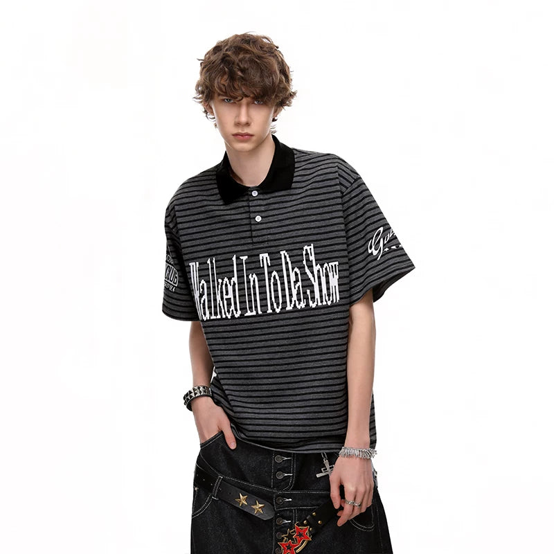 American retro striped contrasting lapel T-shirt men's 2026 summer fashion trendy brand loose letter printed polo shirt short sleeved