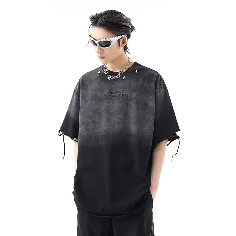Street trendy brand niche wasteland style ripped hole short sleeved t-shirt for men's summer American retro vintage vintage gradient couple top