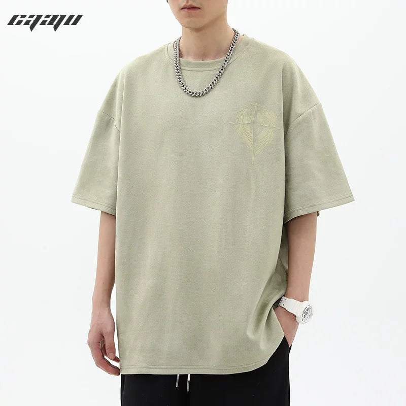 American high street suede angel cross short-sleeved T-shirt men's summer European and American retro loose oversize top
