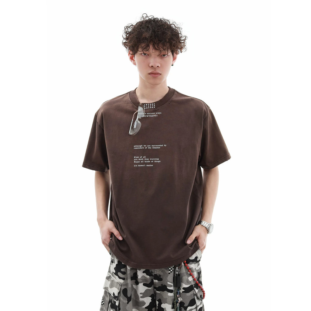 300g Heavy duty Small Collar T-shirt Men's Trendy Brand Loose Letter Pure Cotton Short Sleeve High Weight Remake Old Gradient T-shirt Summer