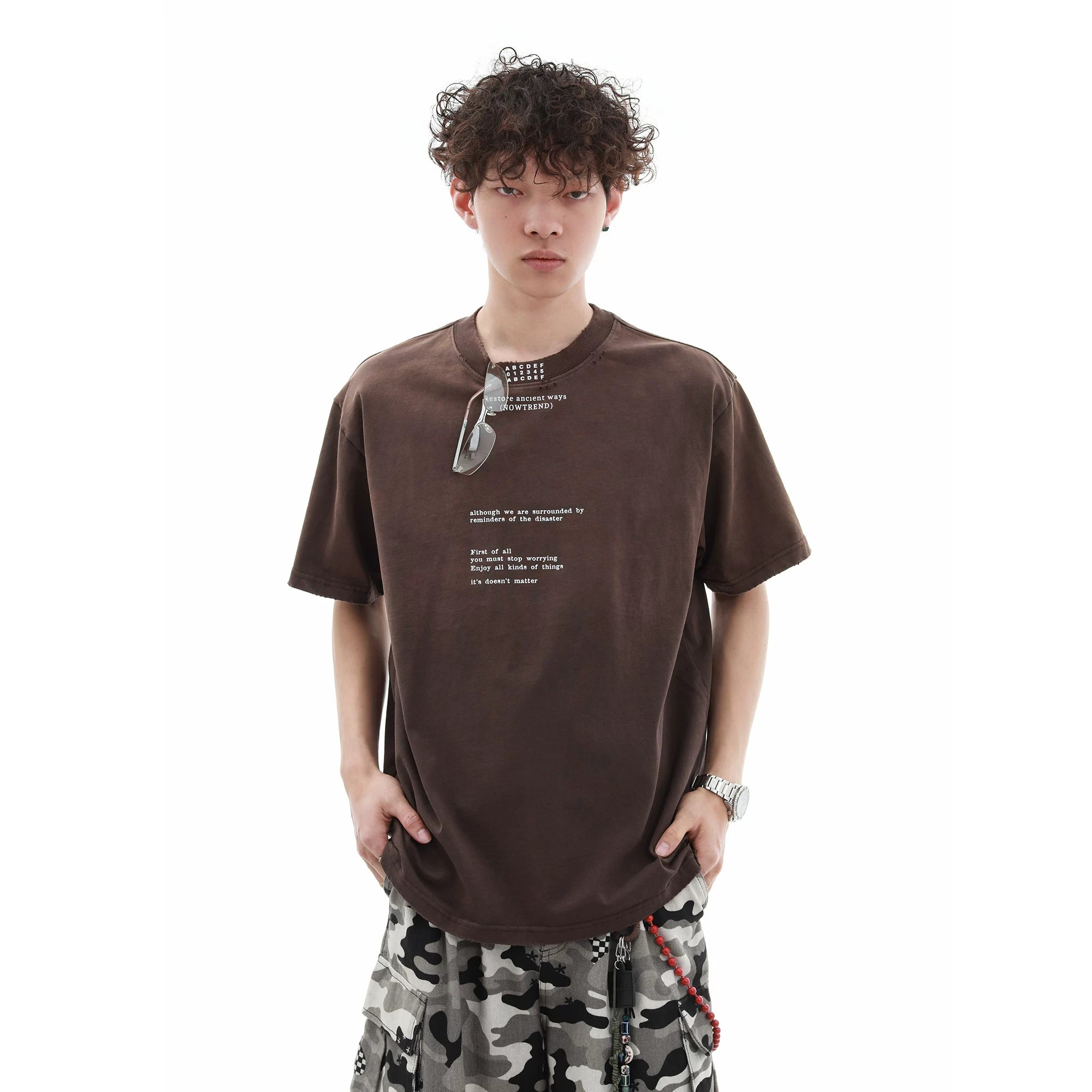 300g Heavy duty Small Collar T-shirt Men's Trendy Brand Loose Letter Pure Cotton Short Sleeve High Weight Remake Old Gradient T-shirt Summer