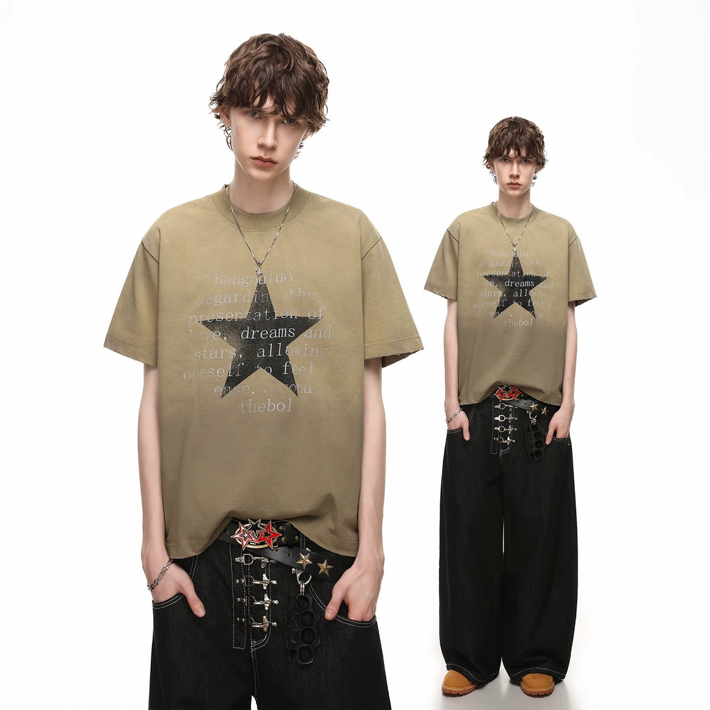 Trendy block American retro vintage vintage gradient short sleeved T-shirt for men's summer loose star print 350g heavyweight half sleeve