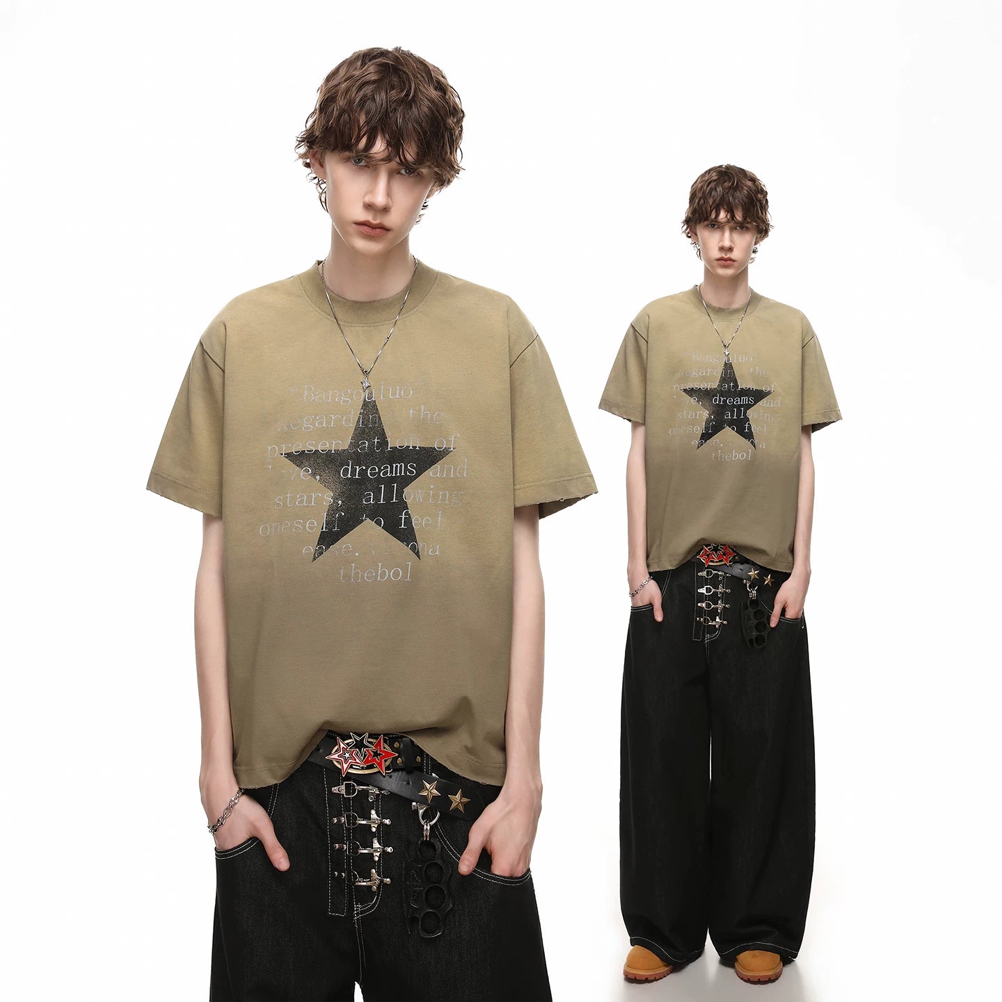 Trendy block American retro vintage vintage gradient short sleeved T-shirt for men's summer loose star print 350g heavyweight half sleeve