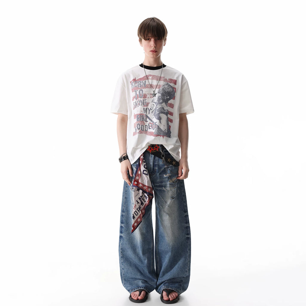 TREND ST Summer Street Visual Light Asian Style Printed Short sleeved T-shirt for Men, Loose Solona Cool Half Sleeve