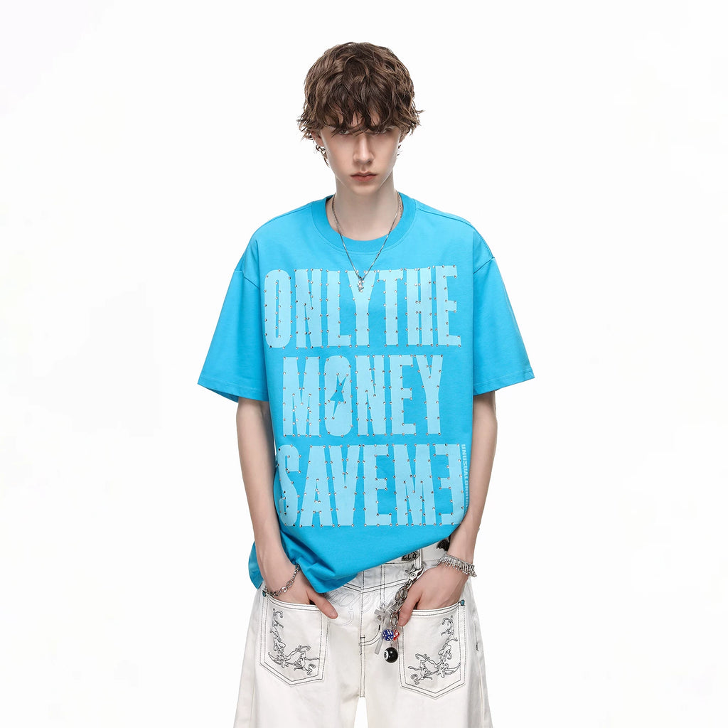 Trendy block American high street design with hot diamond letter print short sleeved T-shirt for men in summer, loose cotton half sleeved tee