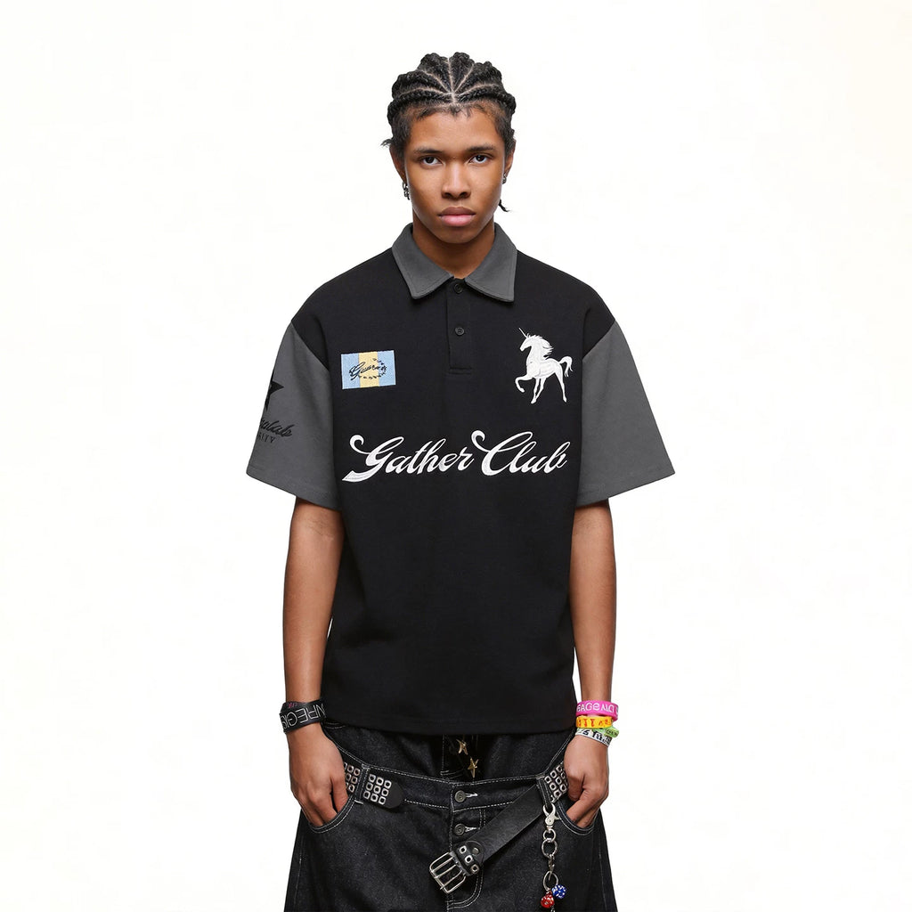 Chaoblock China-Chic American War Horse Letter Embroidery Polo Shirt Short Sleeve Men's Summer College Style Loose Half Sleeve T-shirt