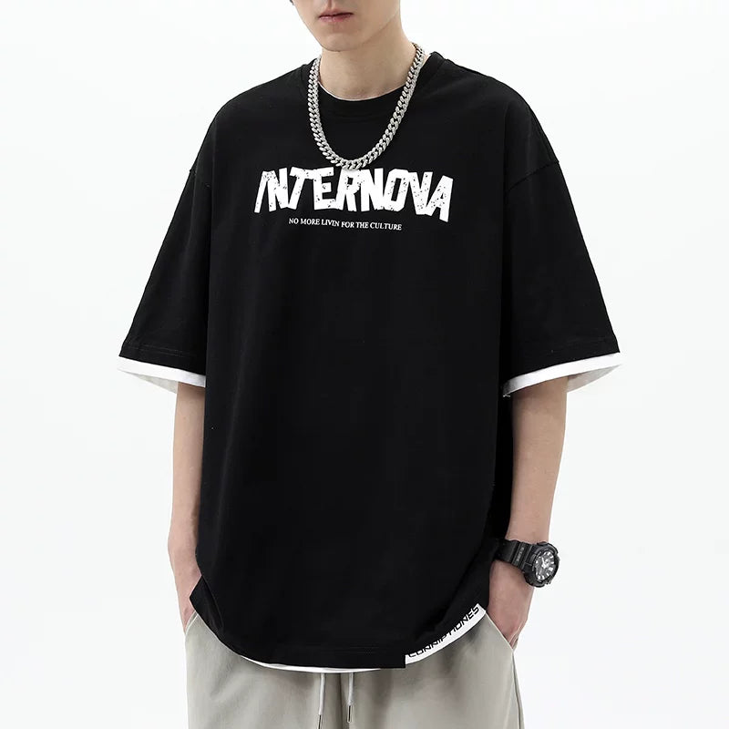 American high street splicing fake two piece short sleeved T-shirt men's summer trendy brand print loose couple layered half sleeved top