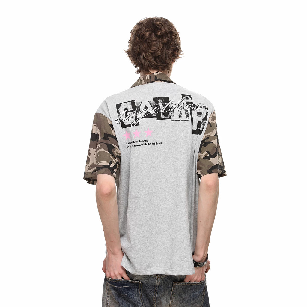 Vintage American fashion brand camouflage spliced polo shirt short sleeved men's summer trend loose casual couple T-shirt